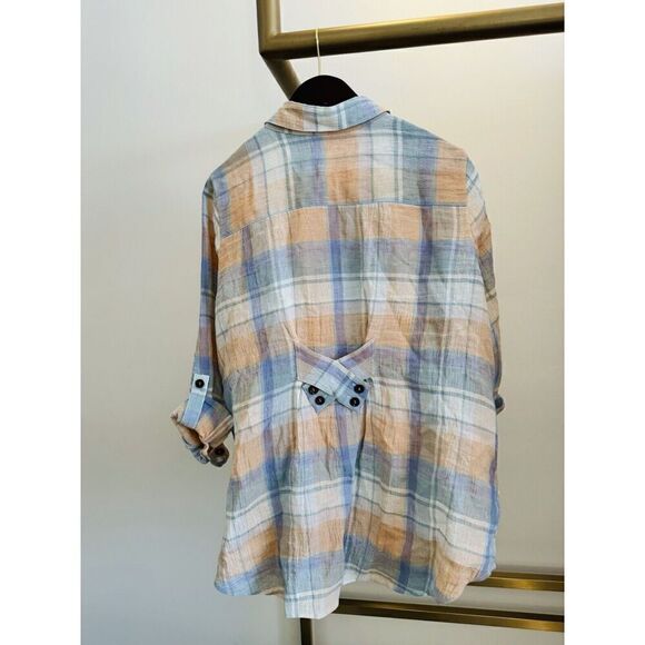 Soft Surroundings Size XL Women’s LINEN Button Up Shirt Peach Blue Plaid Long - Picture 4 of 5
